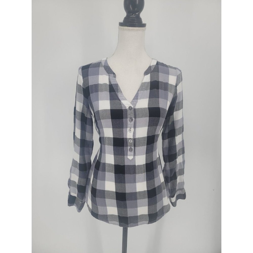 ModCloth Buffalo Plaid Black White Half Button Down Shirt With Tie Size Small